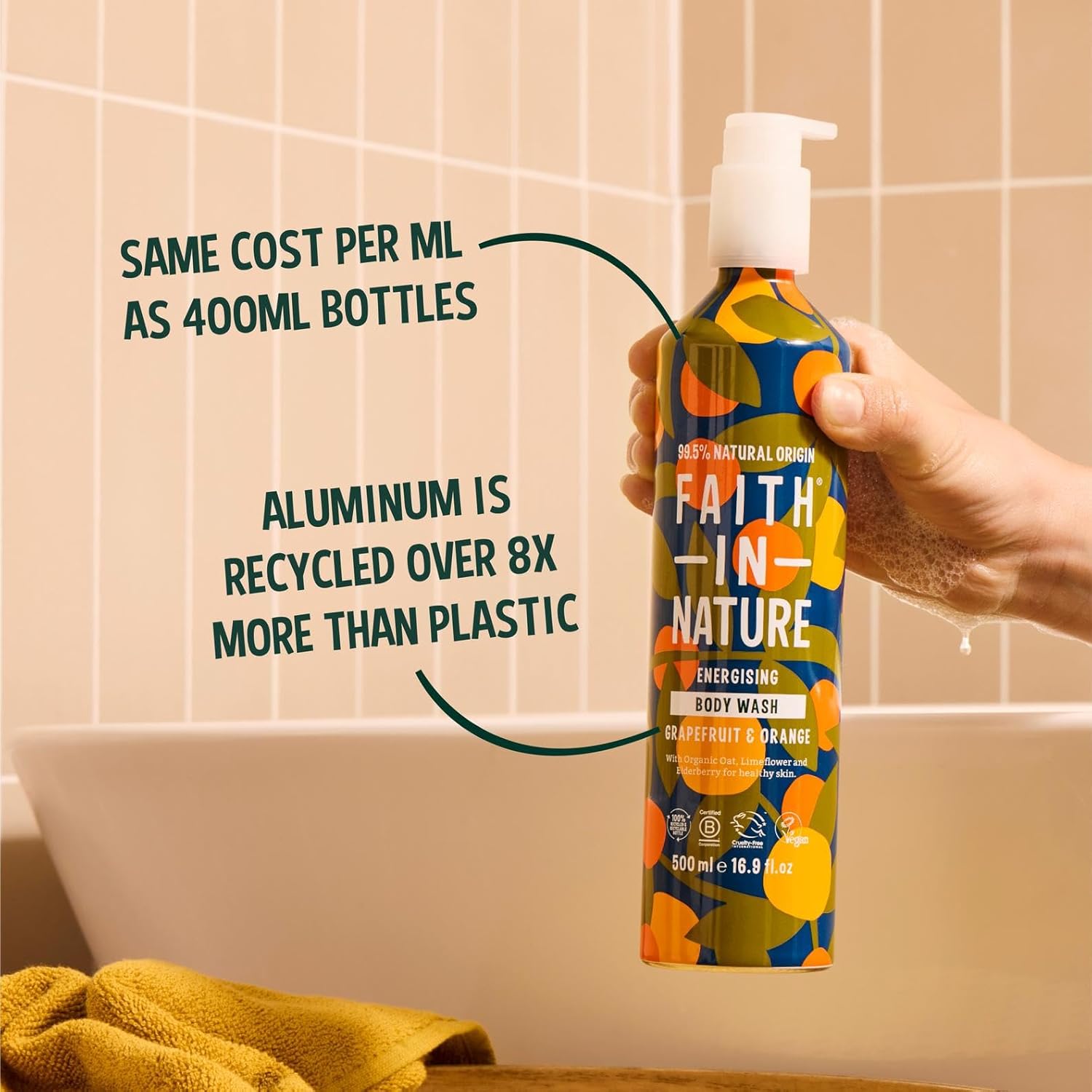 Faith In Nature 500ml Metal Bottle Natural Grapefruit and Orange Body Wash, Energising Shower Gel, Vegan and Cruelty Free, No SLS or Parabens : Amazon.co.uk: Beauty