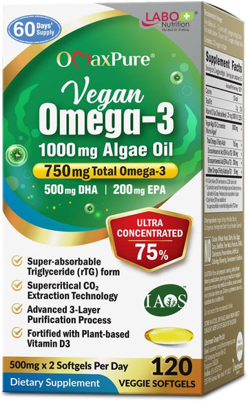 Labo Nutrition Vegan Omega 3 Algae Oil - Plant Based Fish Oil Alternative 750Mg Omega-3 500Mg Dha & 200Mg Epa - Non-Gmo & Iaos Certified - Heart, Brain, Eye, Immune, Joint Support 120 Softgels