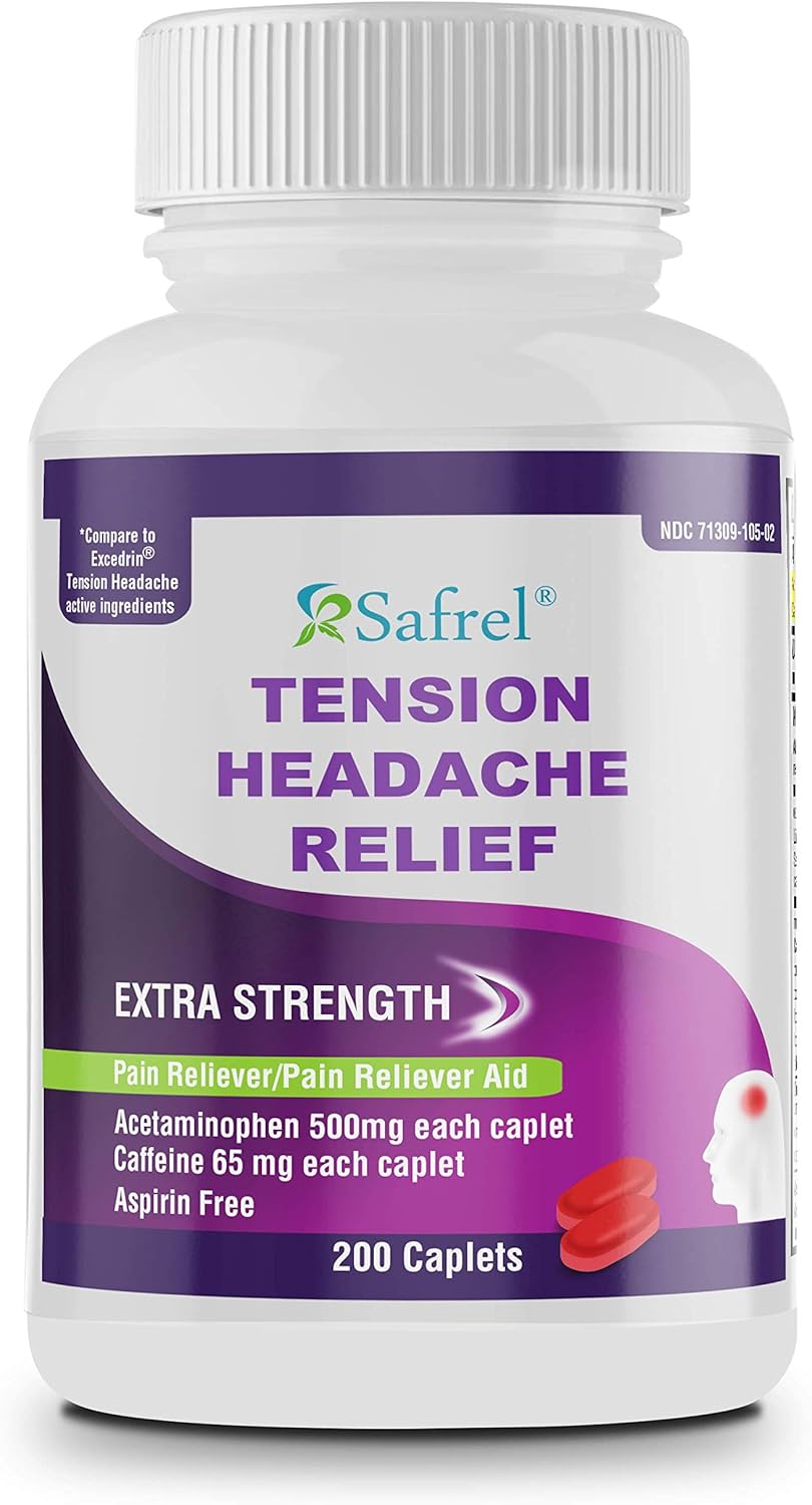 Safrel - Tension Headache Relief Pain Reliever With Acetaminophen 500 Mg And Caffeine 65 Mg (200 Caplets) Value Pack | Extra Strength For Head And Body Aches | Generic Excedrin Tension Headache