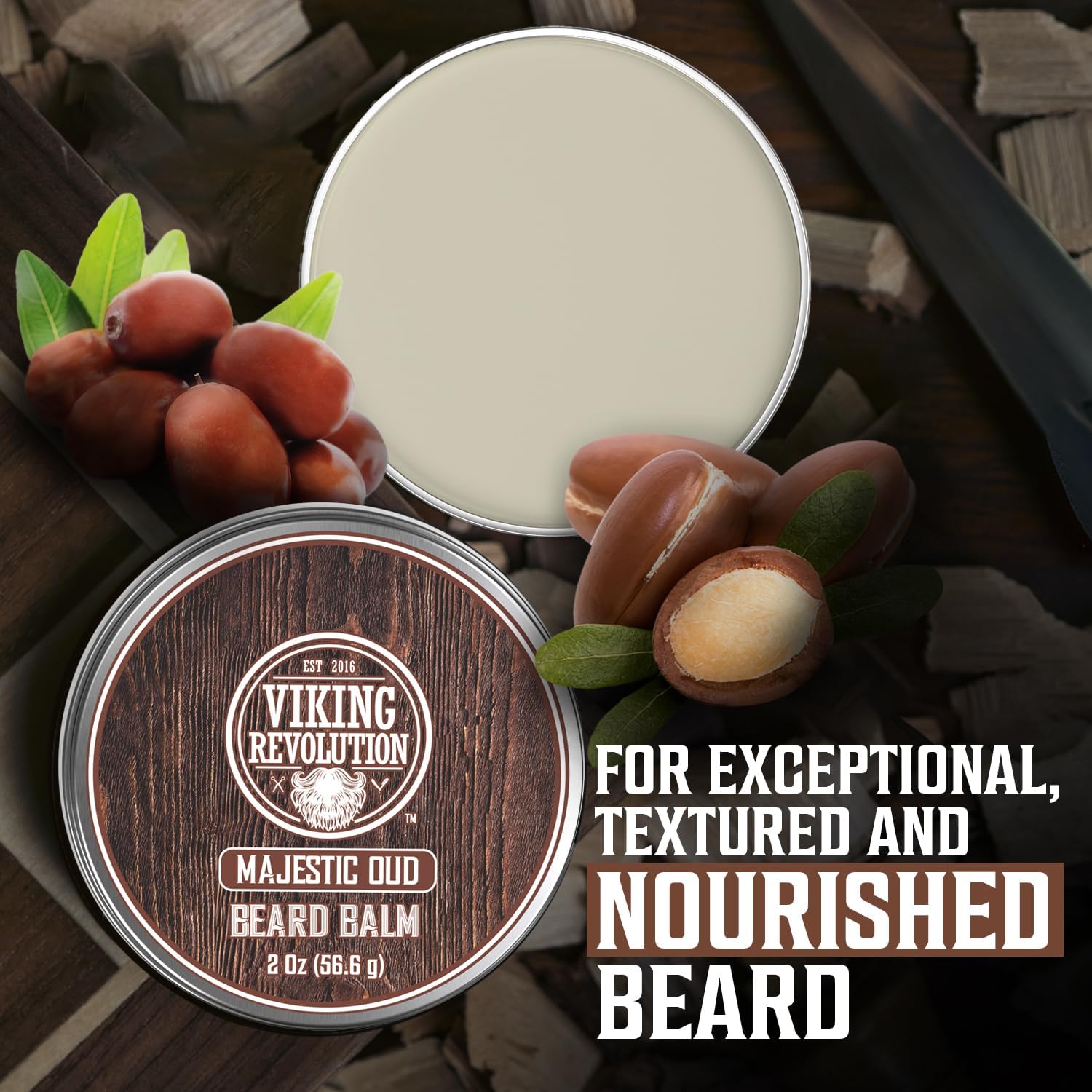 Viking Revolution Majestic Oud Beard Balm - Beard Butter with Argan Oil, Beard Softener for Men with Jojoba Oil - Beard Moisturizer for Men with Beeswax - Beard Wax for Men (2oz, 1 Pack) : Beauty & Personal Care