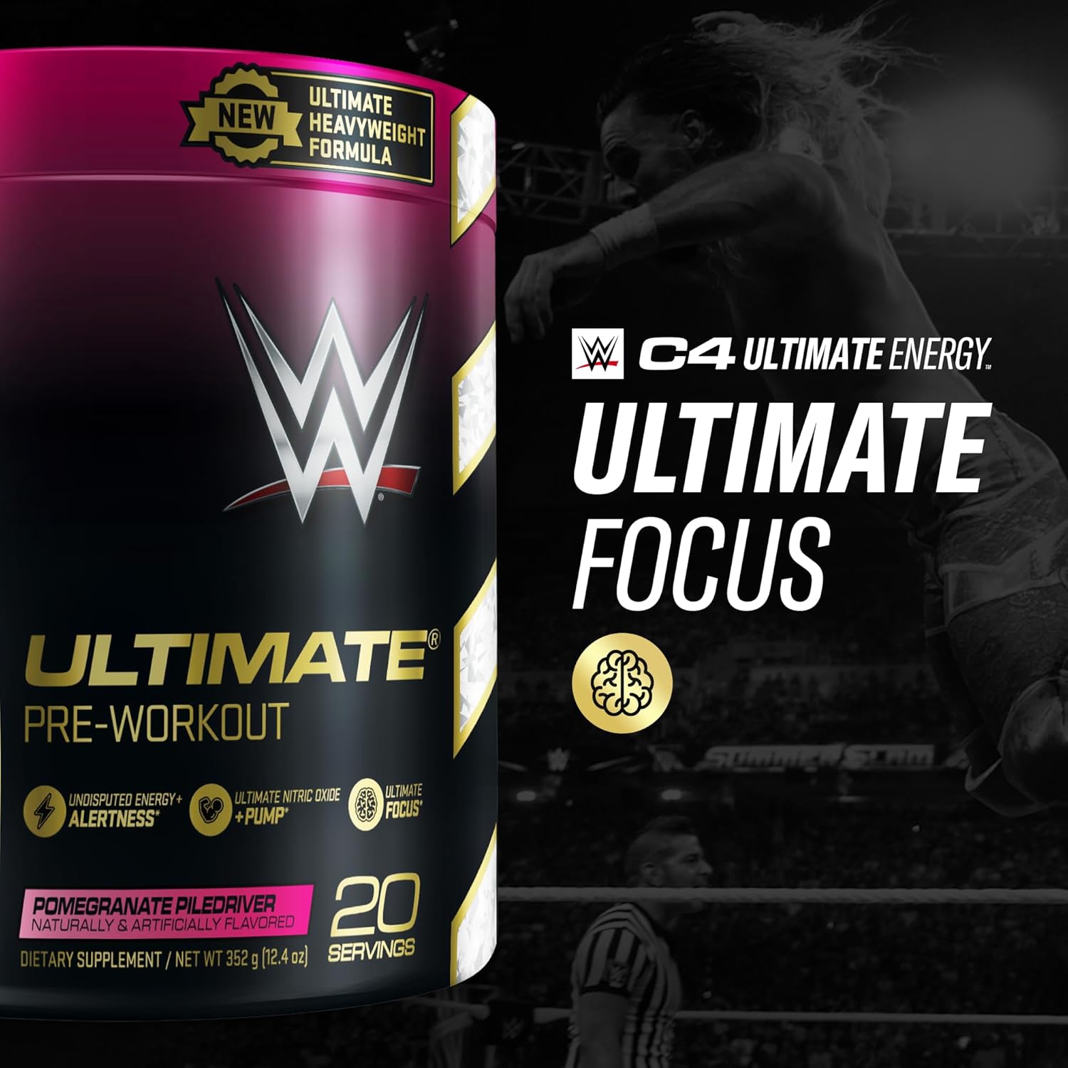 Cellucor C4 Ultimate x WWE Pre Workout Powder Pomegranate PileDriver - Sugar Free Preworkout Energy Supplement for Men & Women - 300mg Caffeine + 3.2g Beta Alanine + Patented Creatines - 20 Servings