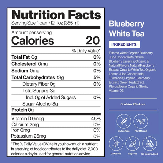 Happy Being Nutrient-Rich Blueberry White Tea – Infused With Turmeric, Elderberry, Vitamin D3, Caffeine Free, Plant-Based, Low Calorie & Low Sugar Drinks, 12Oz (16 Pack)
