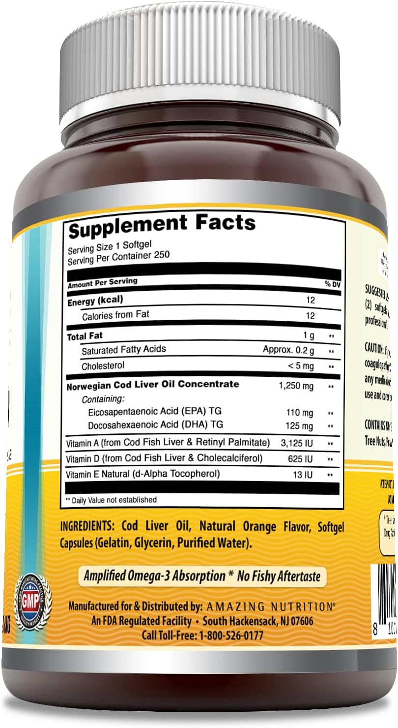 Amazing Omega Norwegian Cod Liver Oil 1250 Mg Softgels Supplement | Omega-3, EPA, DHA, Vitamin A, Vitamin D & Vitamin E (Orange | 250 Count)