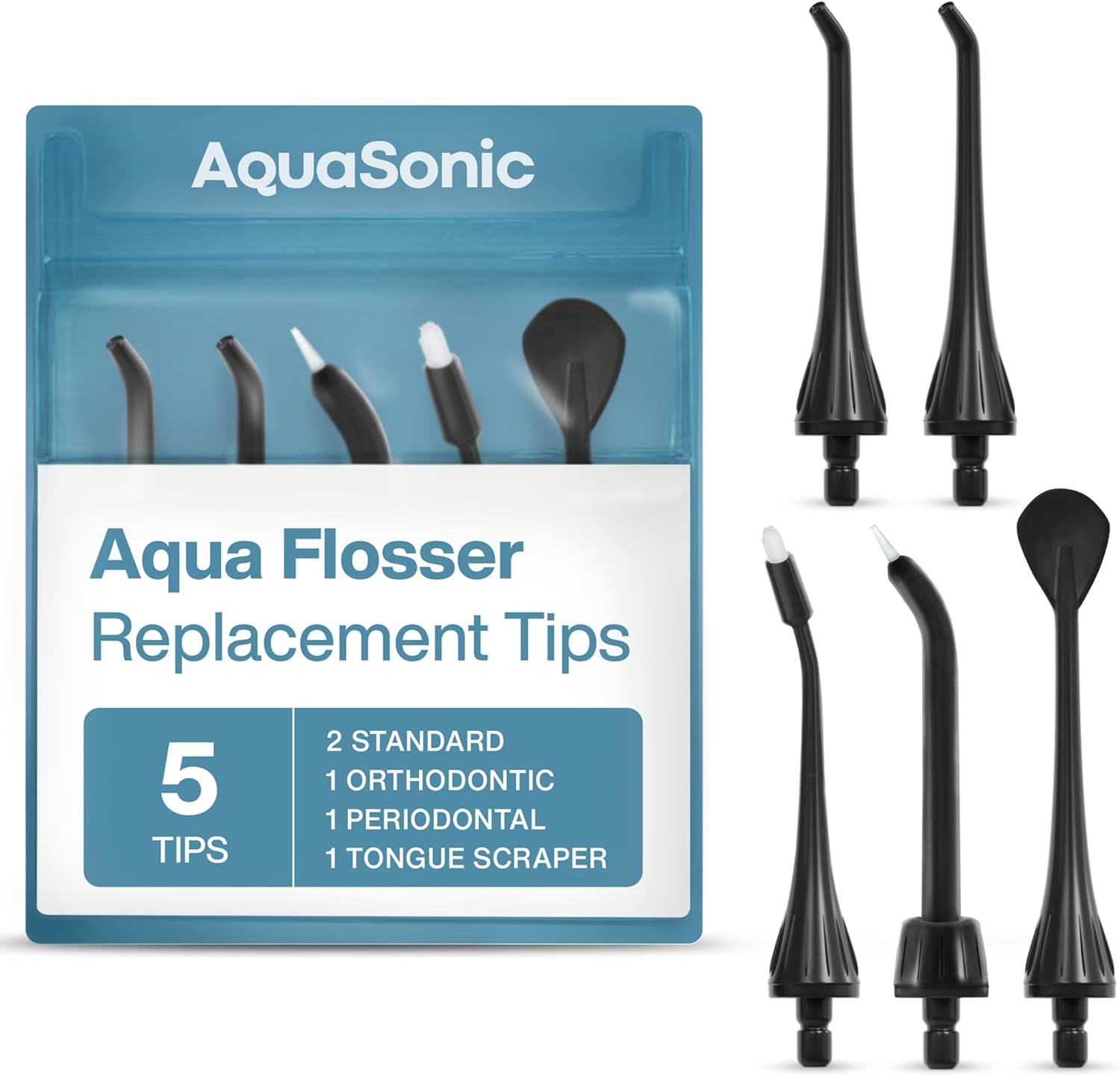 Aquasonic Aqua Flosser Replacement Tips - 5 Tips, 4 Types: Standard, Periodontal, Orthodontic & Tongue Scraper - Genuine, Authentic Parts (White)