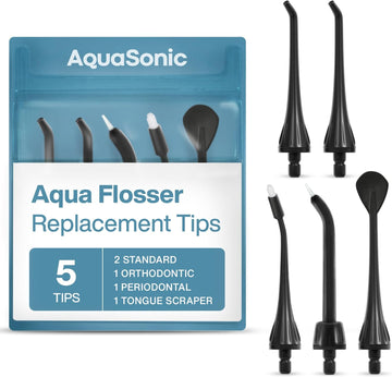 Aquasonic Aqua Flosser Replacement Tips - 5 Tips, 4 Types: Standard, Periodontal, Orthodontic & Tongue Scraper - Genuine, Authentic Parts (White)