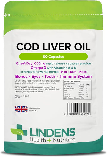 Lindens - Cod Liver Oil 1000Mg - 90 Capsules - Uk Made - Omega 3 With Vitamins A & D - For Normal Skin, Hair, Nails, Bones & Vision, Brain & Immune Function - Letterbox Friendly