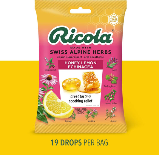 Ricola Honey Lemon w/Echinacea Herbal Cough Suppressant Throat Drops, 19ct Bag (Pack of 4)