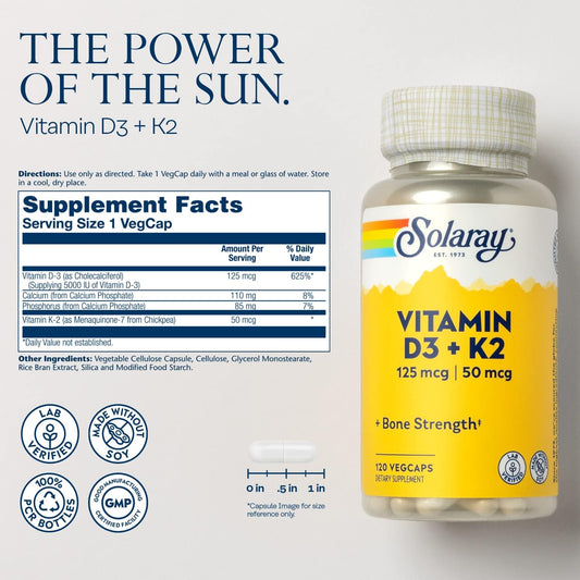 SOLARAY Vitamin D3 + K2, D & K Vitamins for Calcium Absorption and Support for Healthy Cardiovascular System & Arteries, Non-GMO & No Soy (120 Servings, 120 VegCaps)