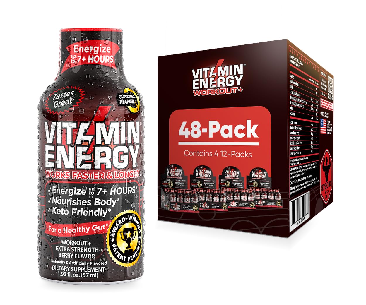 Pre Workout Vitamin Energy Drink - Keto Friendly Sugar Free Shots | Natural Clean Green Tea Caffeine With Proprietary Endurance Blend | Energize Up To 7+ Hours - Berry - 1.93 Fl Oz (Pack Of 48)