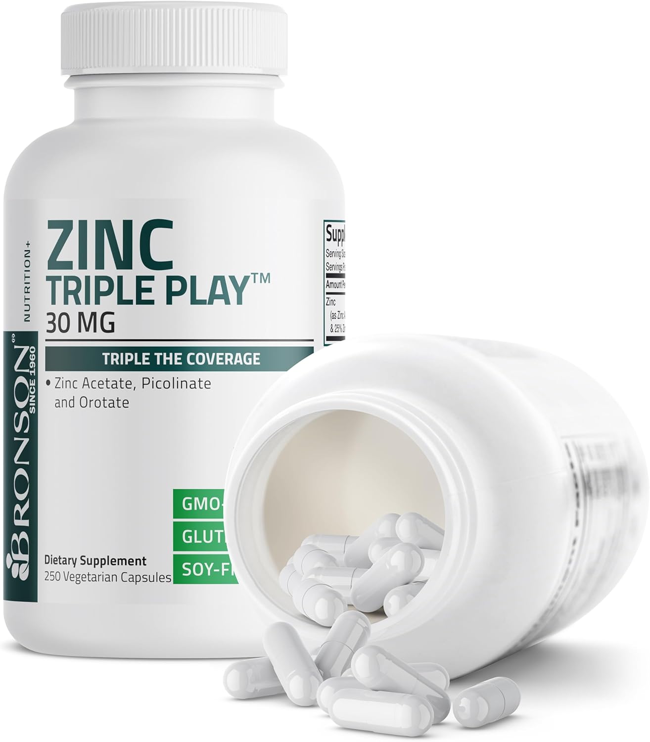Bronson Zinc Triple Play 30 Mg Triple Coverage Immune Support Zinc Supplement With Zinc Acetate, Picolinate & Orotate - Immune, Antioxidant & Skin Health Support - 250 Vegetarian Capsules