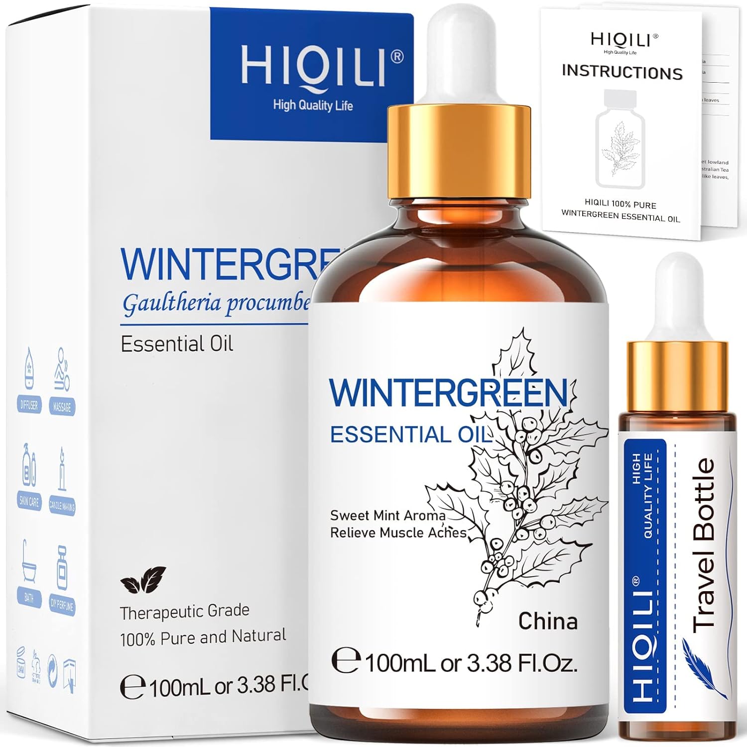 HIQILI Wintergreen Essential Oil,100% Pure Natural,for Diffuser-Inhalation Therapy - 3.38 Fl Oz