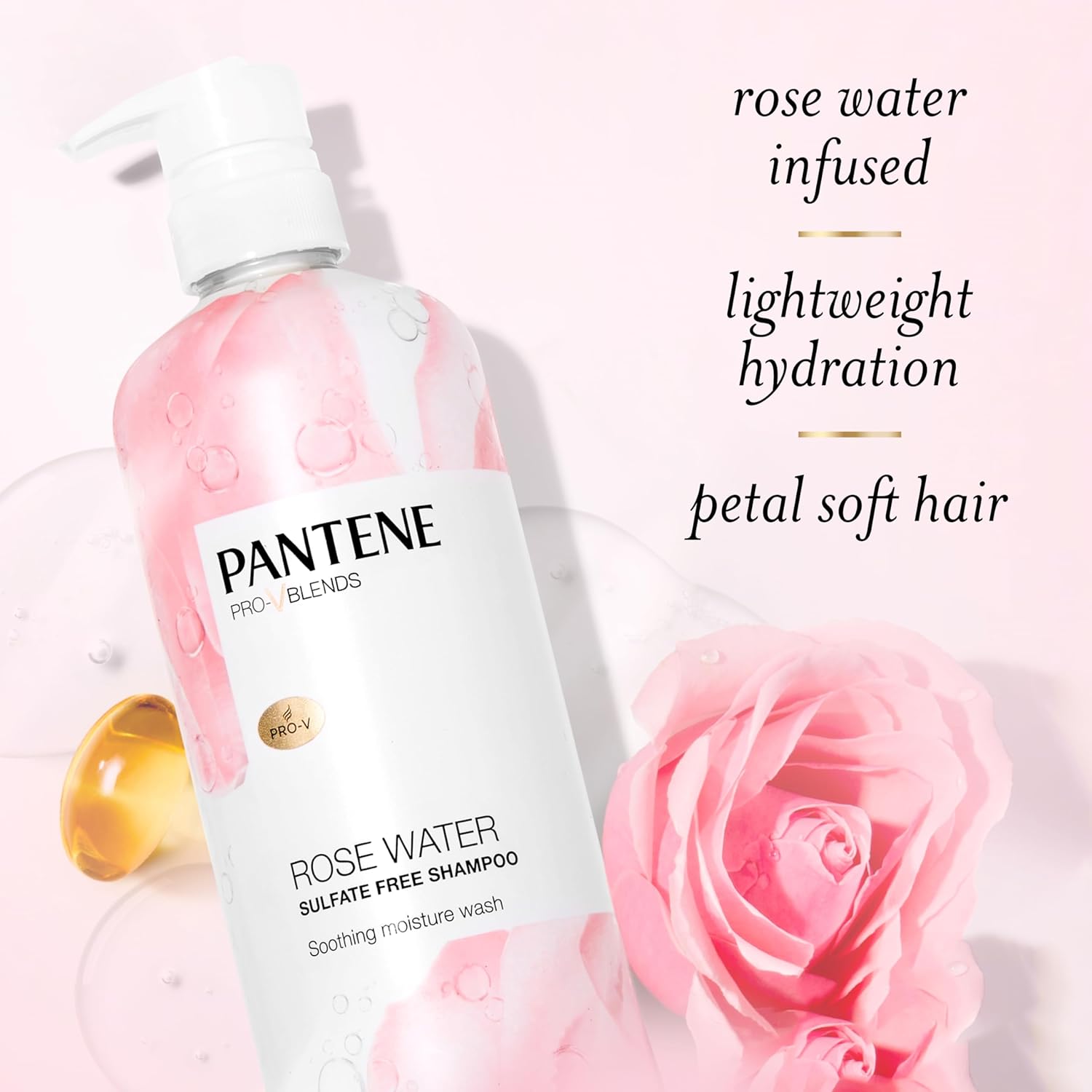 Pantene Sulfate Free Rose Water Shampoo, Soothes, Replenishes Hydration, Safe for Color Treated Hair, Nutrient Infused with Vitamin B5 and Antioxidants, Pro-V Blends, 30.0 oz : Beauty & Personal Care