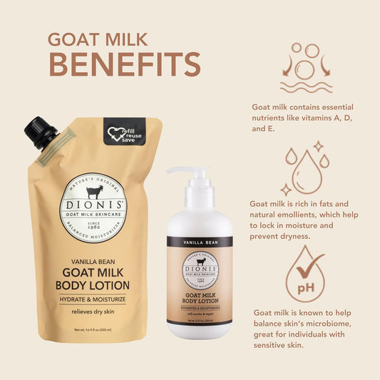 Dionis Goat Milk Skincare Scented Body Lotion And Refill Pouch Gift Set, Cruelty Free Clean & Dermatologist Tested For Dry Skin, Hydrating & Deeply Moisturizing Rich In Vitamins, Vanilla Bean