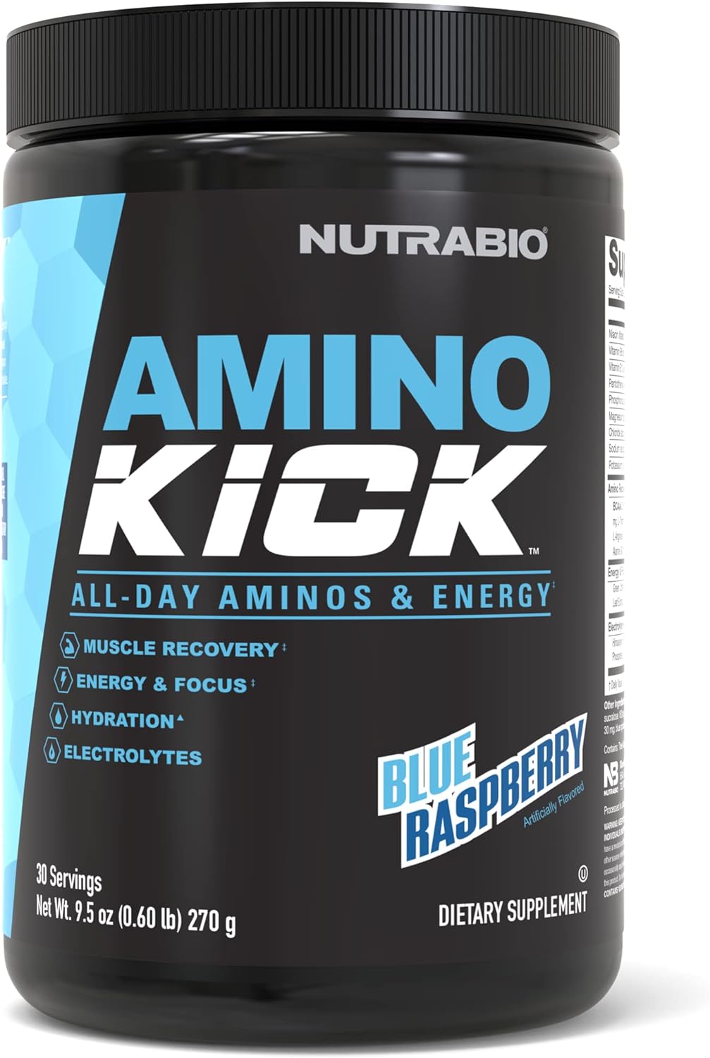 NutraBio Amino Kick - Amino Acid Energy Formula - BCAA's, Electrolytes for Hydration, Natural Caffeine 30 Servings (Blue Raspberry)