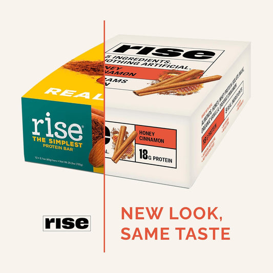 Rise Whey Protein Bars - Honey Cinnamon | Breakfast Bar & Protein Snack 18G Protein 4G Fiber Just 5 Whole Food Ingredients Gluten-Free Soy Free