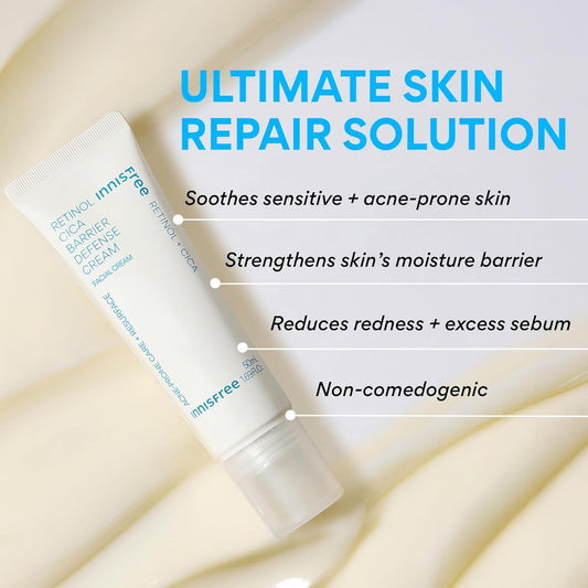 Innisfree Retinol Cica Barrier Cream, Korean Moisturizer With Madecassoside For Sensitive, Acne-Prone Skin, Calming And Strengthening Formula