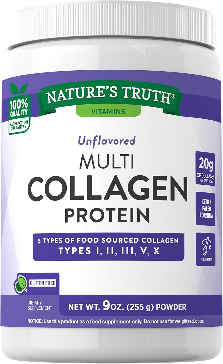 Nature'S Truth Multi Collagen Powder | 9 Oz | Type I, Ii, Iii, V, X | Hydrolyzed Collagen Peptide Protein Powder | Keto And Paleo Friendly | Unflavored | Gluten Free