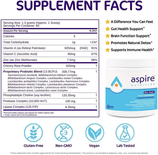 5-In-1 Bio-Heal® Probiotic For Kids, Men & Women - Best Supplement For Brain Function, Gut Health & Constipation - Shelf Stable & Fortified With Vitamin, Mineral & Prebiotics - Powder