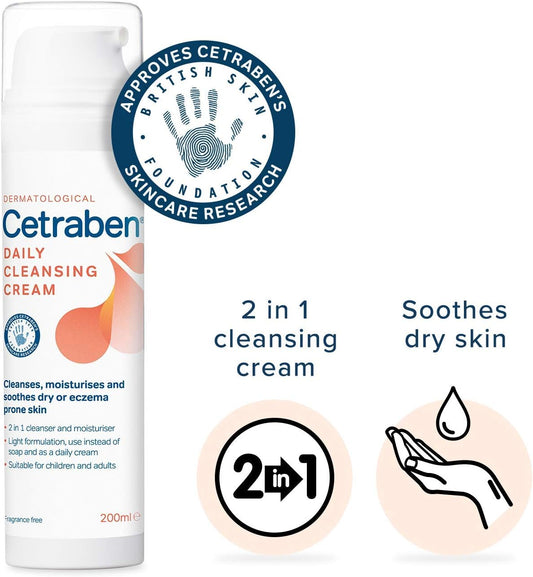 Cetraben 2-In-1 Daily Cleansing Cream And Body Moisturiser Perfect For Dry Sensitive Or Eczema Skin 200Ml, Unscented, 1 Pack