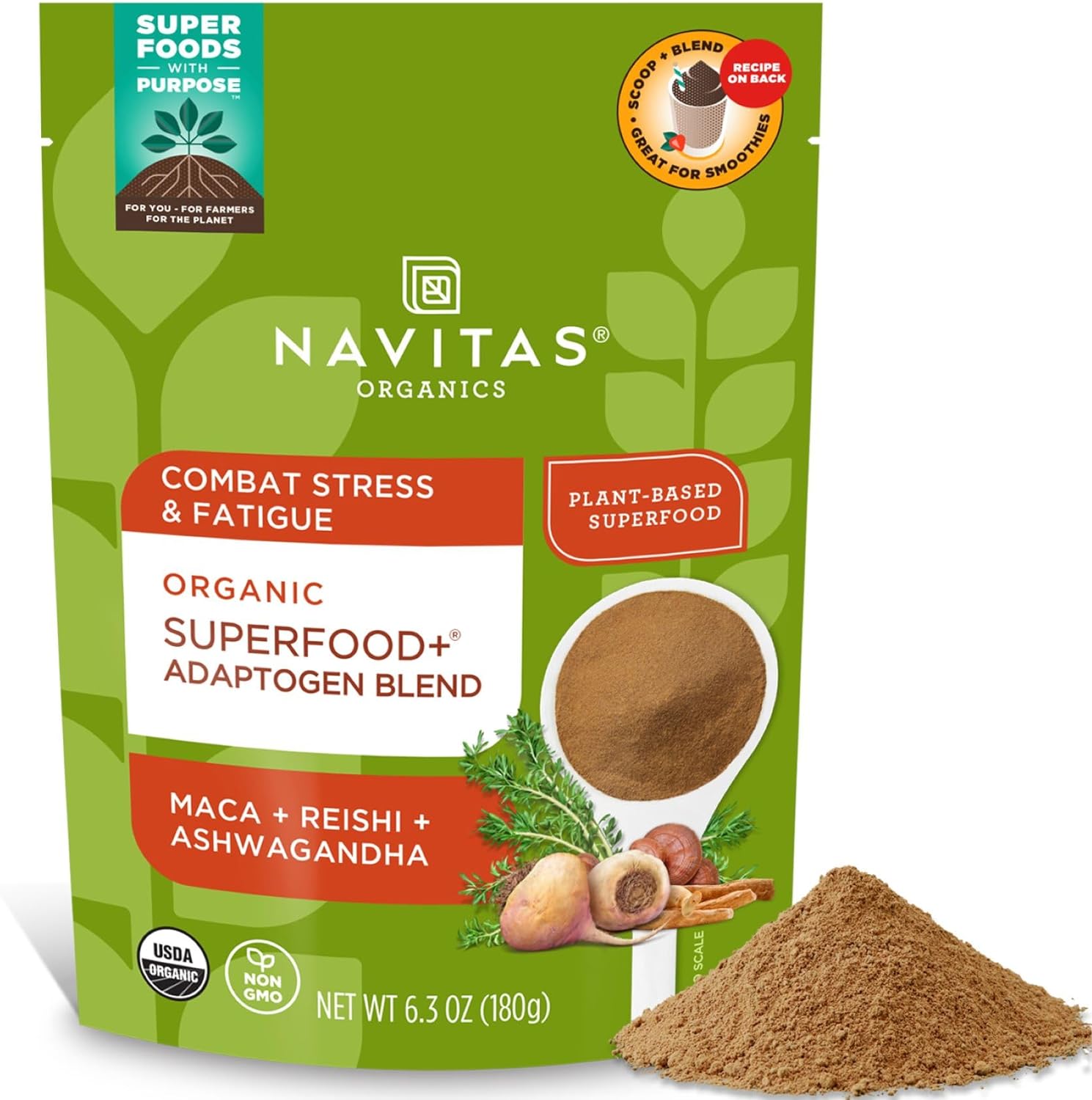 Navitas Organics Superfood+ Adaptogen Blend For Stress Support (Maca + Reishi + Ashwagandha), 6.3Oz Bag, 30 Servings — Organic, Non-Gmo, Vegan, Gluten-Free, Keto & Paleo