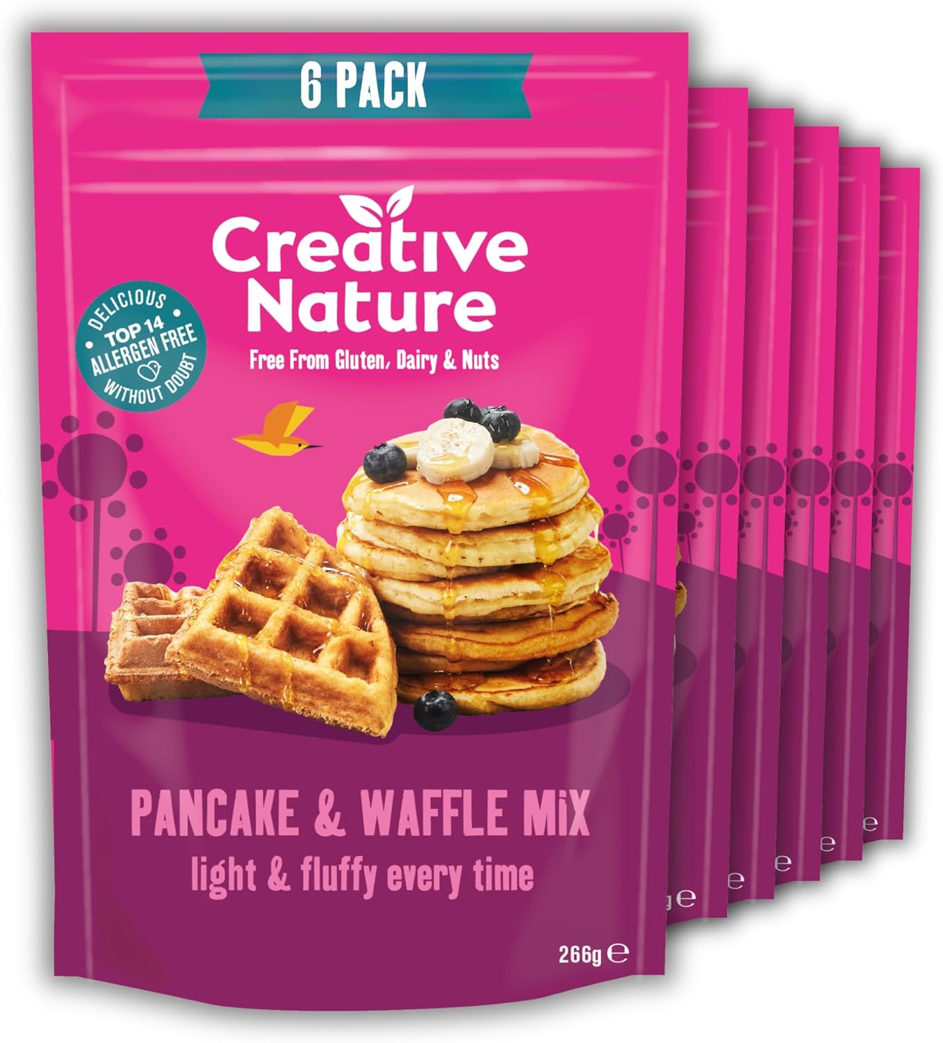 Gluten Free Pancake & Waffle Mix (6 X 266G) | Creative Nature Vegan Pancake Mix | Nut Free, Dairy Free | Top 14 Allergen Free | 6 Pack