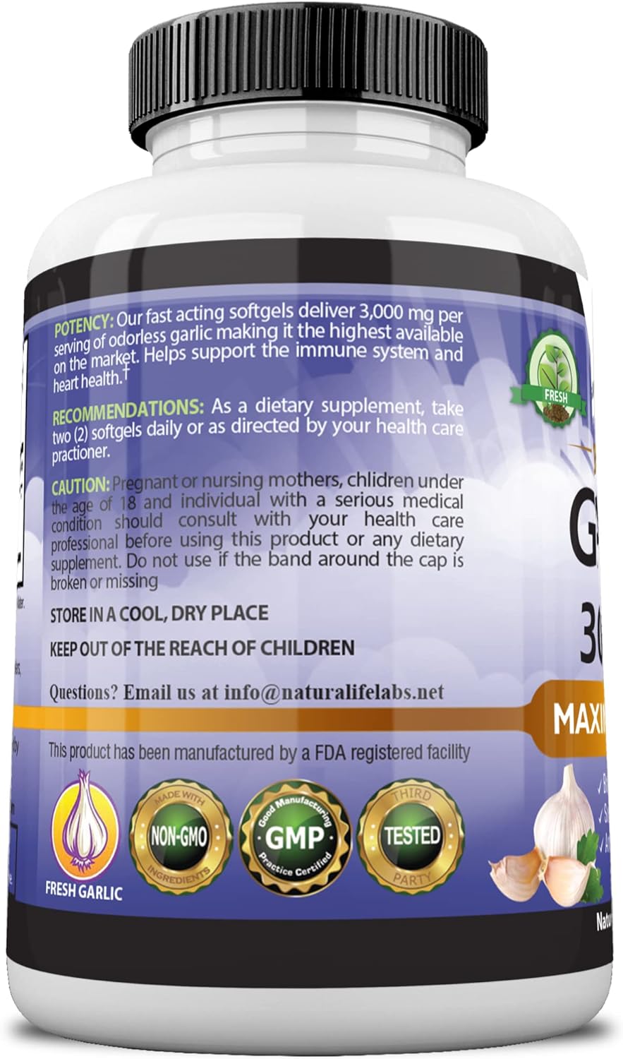 NaturaLife Labs A Higher Standard Odorless Pure Garlic 3000 mg per Serving Maximum Strength 150 Soft gels Promotes Healthy Cholesterol Levels Immune System Support : Health & Household