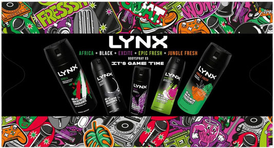 Lynx It'S Game Time Body Spray Collection With 48 Hours Protection Africa, Black, Excite, Epic Fresh, Jungle Fresh Deodorant 5 Pieces Gift Set For Him,2Pk