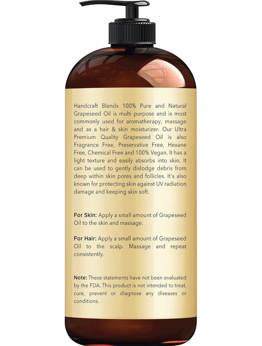 Handcraft Blends Grapeseed Oil - Cold-Pressed 28 Fl Oz - 100% Pure And Natural - Premium Grade Carrier Oil For Skin And Hair - Hair And Body - Massage - Hexane-Free