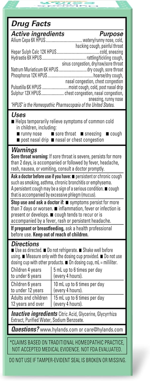Hyland'S Kids Cold And Cough, Daytime Cough Syrup Medicine For Kids Ages 2 And Up, Decongestant, Sore Throat Relief, Natural Treatment For Common Cold Symptoms, 4 Fl Oz : Health & Household