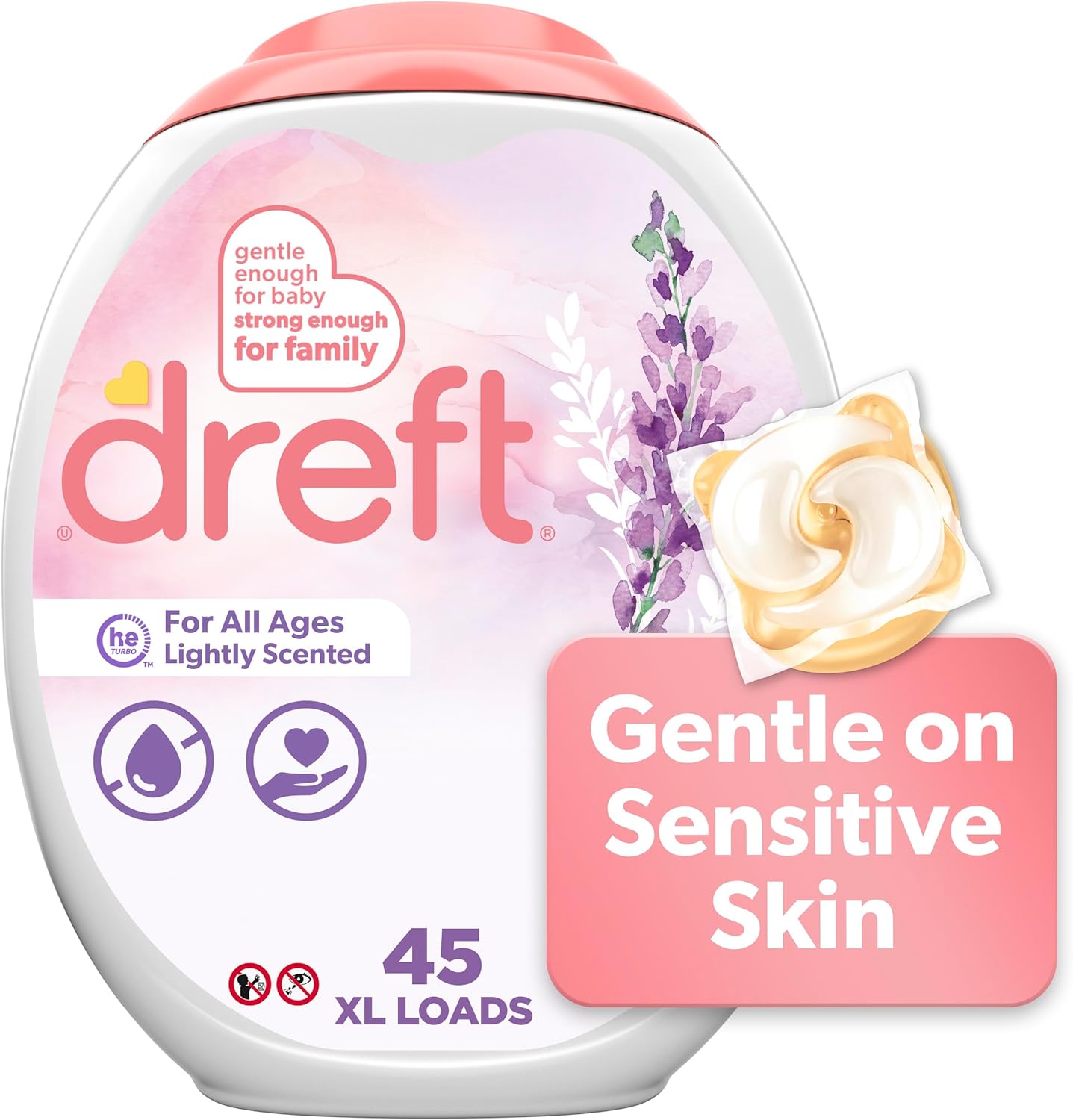 Dreft Laundry Detergent Xl Pacs, Light Scent, Lavender, 45 Count