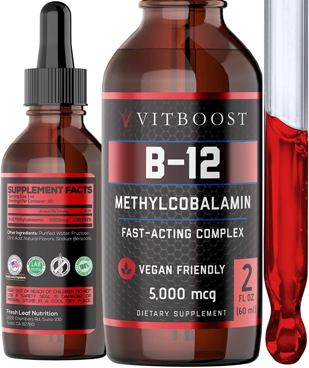 Vegan Liquid B-12 Drops ? 60 x 5000 mcg Extra Strength Raspberry Flavored Vitamin B12 Liquid Methylcobalamin sublingual Supplement | Designed to Maximize Absorption & Energy | Gluten Free