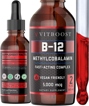 Vegan Liquid B-12 Drops ? 60 x 5000 mcg Extra Strength Raspberry Flavored Vitamin B12 Liquid Methylcobalamin sublingual Supplement | Designed to Maximize Absorption & Energy | Gluten Free