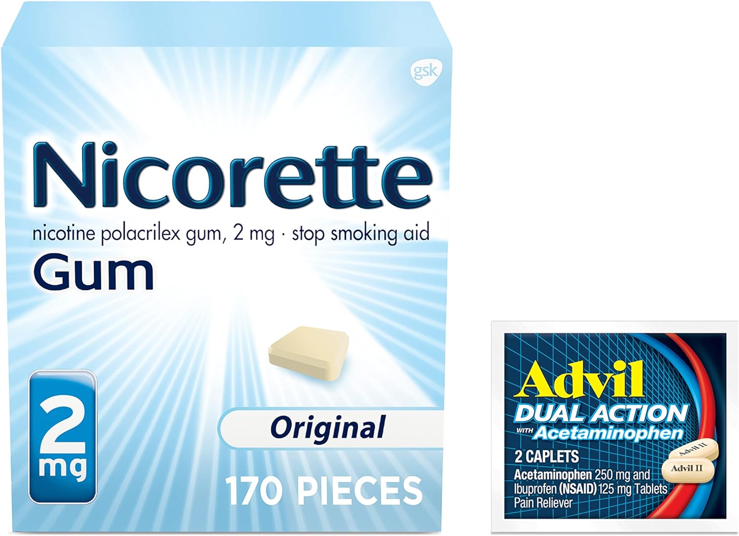 Nicorette 2 mg Nicotine Gum to Help Quit Smoking - Original Unflavored Stop Smoking Aid, 1-Pack, 170 Count, Plus Advil Dual Action Coated Caplets with Acetaminophen, 2 Count (Packaging May Vary)