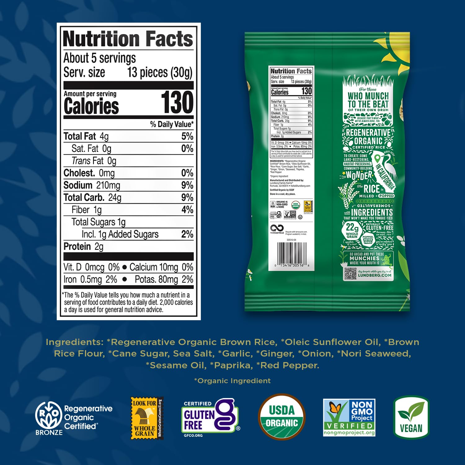 Lundberg Organic Rice Cake Minis, Ginger Seaweed, 6-Pack – Regenerative Organic Certified Mini Rice Cakes, Healthy Snacks, Gluten-Free & Vegan, 5 Oz Ea