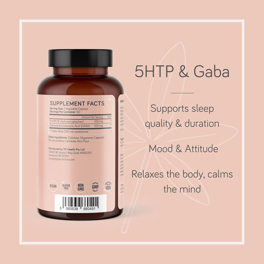 BLYSS Nutrition 5HTP 100mg with GABA Supplement - GABA for Calm Sleep Supplement - 5-HTP Mood Support Supplement - Promotes Better Mood Deep Relaxation & Sleep - Pure & Vegan HTP-5 Capsules for Women