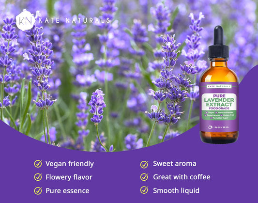 Kate Naturals Lavender Extract for Baking, Coffee & Drinks (1oz). 100% Natural, Vegan Lavender Flavoring. Tasty Gluten Free Food-Grade Edible Lavender Oil. Culinary Lavender Extract for Cooking