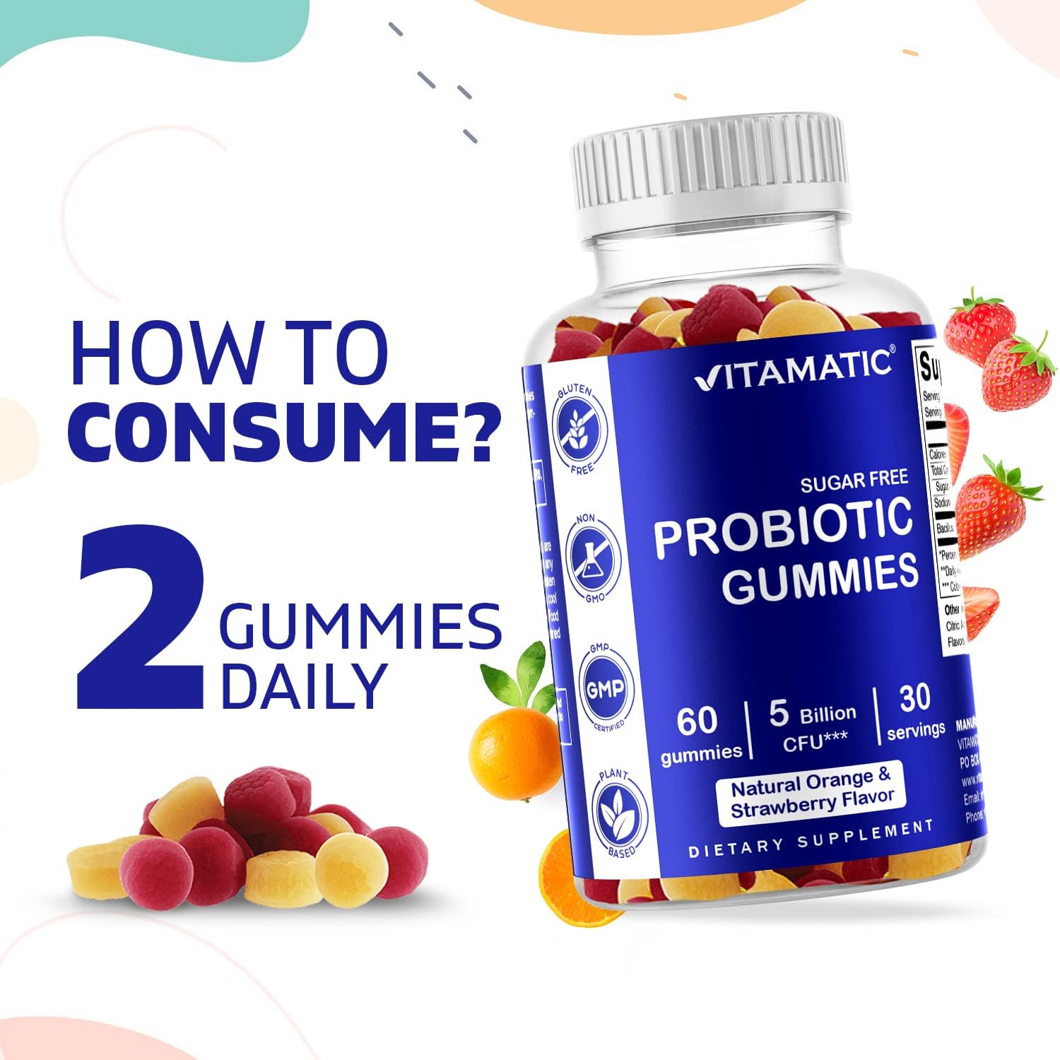 Vitamatic 2 Pack Sugar Free Probiotic Gummies for Men and Women 5 Billion CFUs - Digestive, Immune & Gut Health - Gluten Free : Health & Household