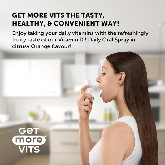 Get More Vits - Vitamin D3 Daily Oral Spray (30Ml), 230 Servings Per Bottle, Orange Flavour, Strengthens Bones, Teeth & Muscles, Promotes Calcium Absorption & Improves Immune System, Vegetarian