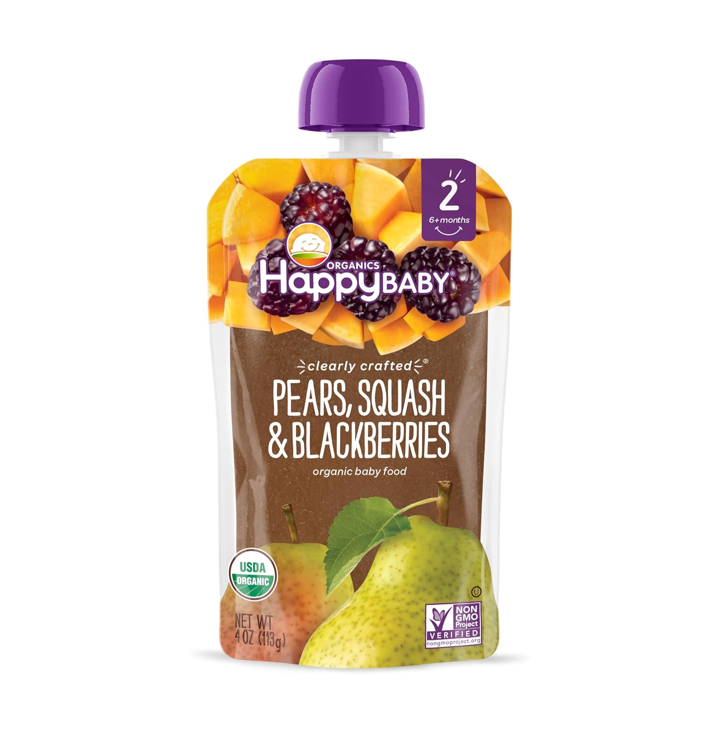 Happy Baby Organics Clearly Crafted Stage 2 Baby Food, Pears, Squash & Blackberries, 4 Ounce Pouch (Pack of 16) : Baby