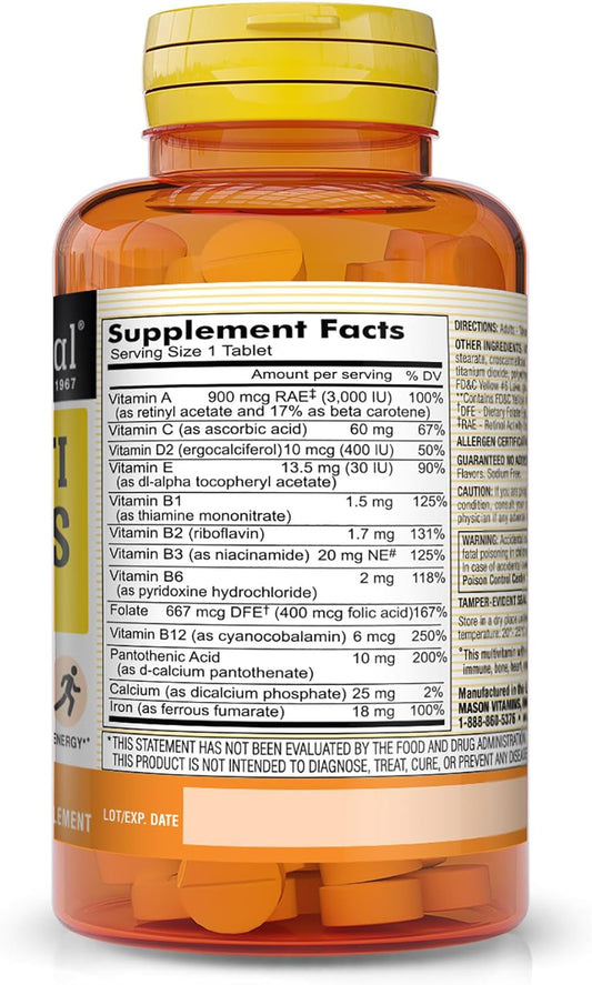 Mason Natural Mini Multi Vitamins With Iron, Vitamins A, C, D, E, B1, B2, B3, B6, B12, Folate And Calcium For Overall Health, 365 Tablets