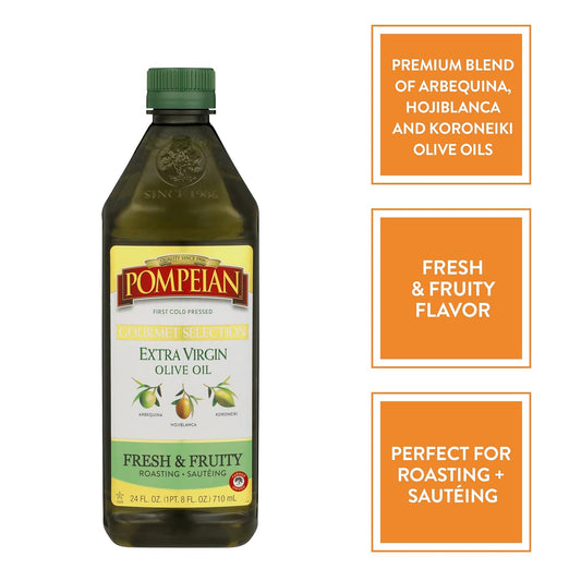 Pompeian Gourmet Selection Extra Virgin Olive Oil, First Cold Pressed, Fresh & Fruity Flavor, Perfect For Roasting & Sautéing, 24 Fl. Oz