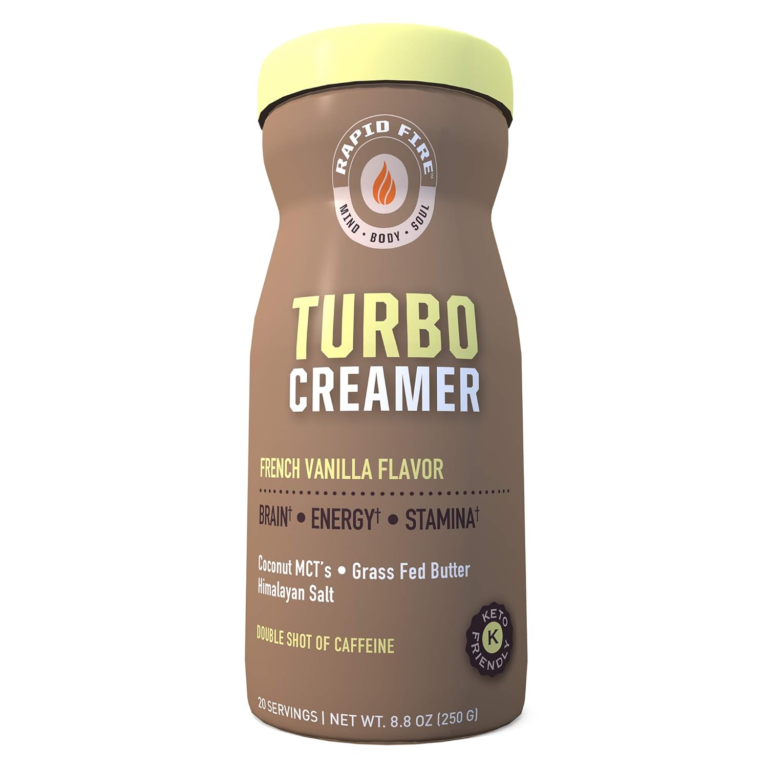 Rapid fire Turbo Creamer, French Vanilla Flavor with Shot of Caffeine, Coconut MCTs, Grass Fed Butter, Himalayan Pink Salt, 8.8 oz., 20 Servings