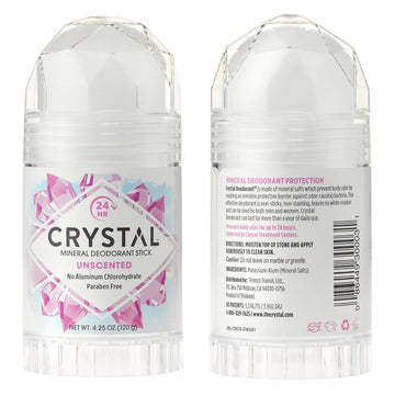 CRYSTAL Mineral Deodorant Stick - Unscented Body Deodorant With 24-Hour Odor Protection, Non-Staining & Non-Sticky, Aluminum Chloride & Paraben Free, 4.25 oz, (2 Pack) (Packaging May Vary)