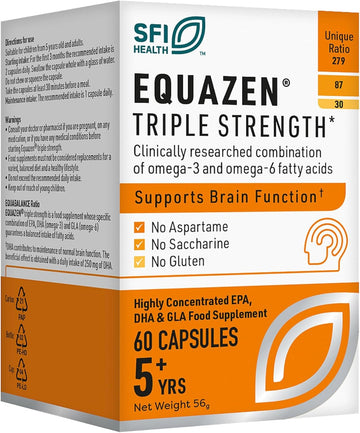 Equazen Triple Strength Capsules | Omega 3 & 6 Supplement | Blend Of Dha, Epa & Gla | Supports Brain Function | Suitable From 5 Years Old To Adults | 60 One-A-Day Capsules