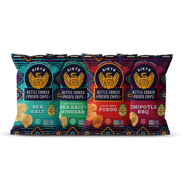 Siete Grain Free Potato Chips - Kettle Cooked | Gluten Free Chips | Vegan Snacks | Non Gmo | Variety Pack, Sea Salt, Sea Salt & Vinegar, Fuego, Chipotle Bbq (Pack Of 8)