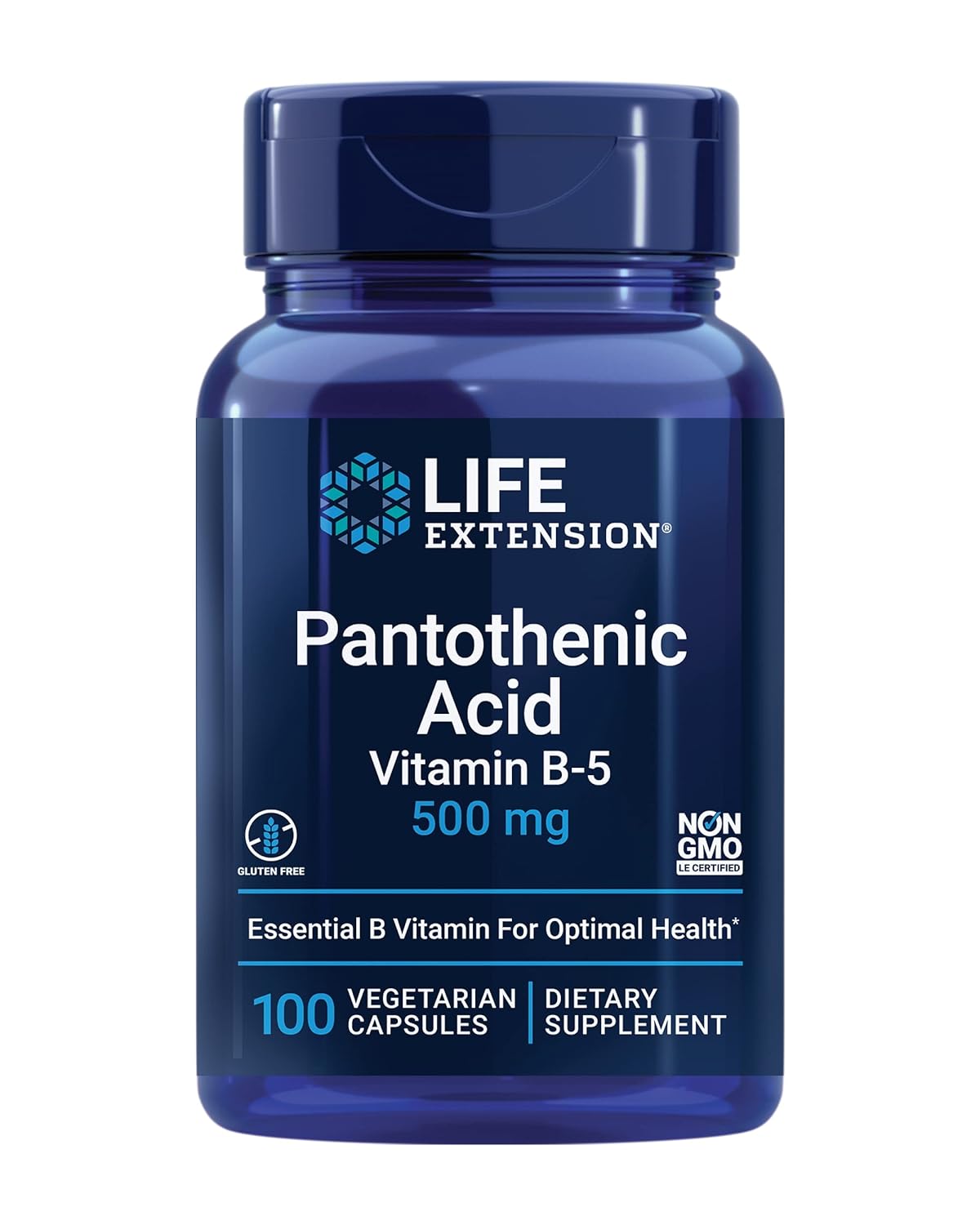 Life Extension Pantothenic Acid 500 Mg – Pantothenic Acid With Calcium Supplement – Essential B Vitamin For Optimal Health - Once Daily - Gluten-Free, Non-Gmo, Vegetarian – 100 Capsules