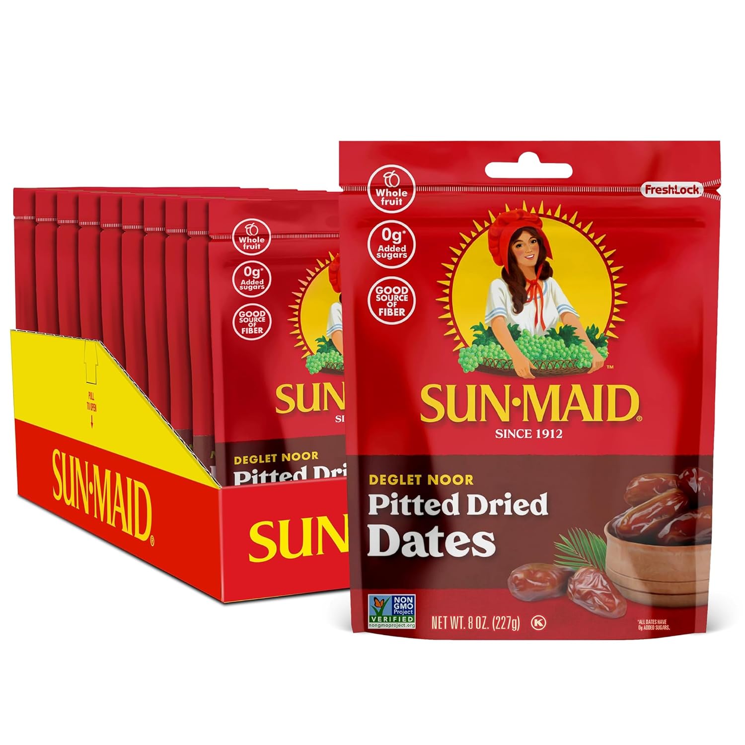 Sun-Maid Deglet Noor Pitted Dried Dates - (Pack of 10) 8 oz Resealable Bag - Pitted Deglet Noor Dates Dried Fruit Snack for Lunches, Snacks, and Natural Sweeteners