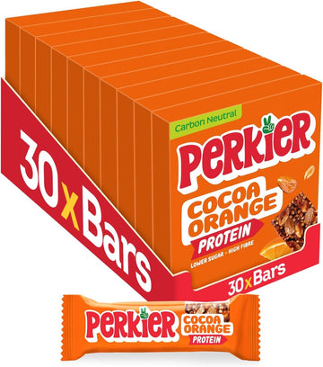 Perkier Cocoa Orange Bars (30 Bars), Vegan, Gluten Free, Protein, High Fibre, Lower Sugar Snack, Natural Ingredients, Lower Calorie, Healthy, No Palm Oil, Nut Bar, Carbon Neutral