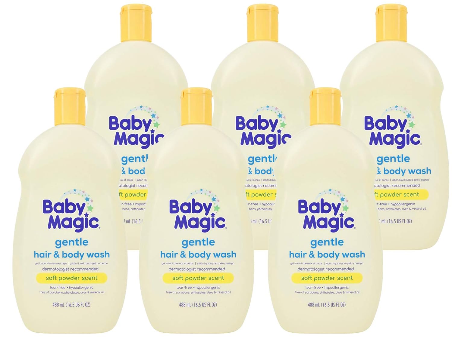 Baby Magic Gentle Hair Body Wash 16.5oz Pack of Calendula Oil Coconut Oil, Yellow, Soft Powder Scent, 6 Count