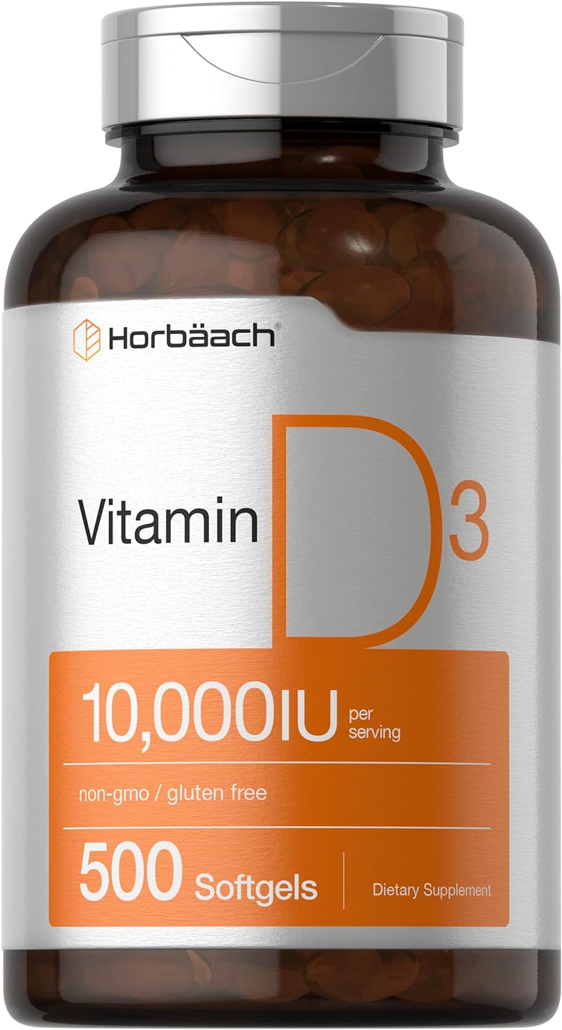 Horbäach Vitamin D3 10000 IU | 500 Softgels | Non-GMO, Gluten Free Supplement | Value Size | 250mcg | High Potency Formula